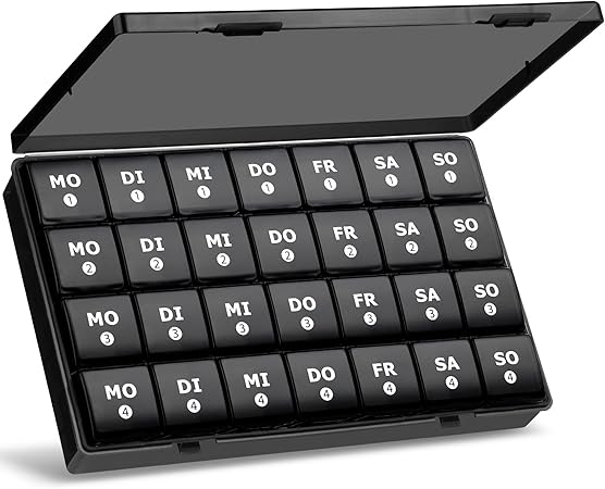 Tablettenbox Monat 28 Tage Pillendose, Medikamentenbox mit 7 Fächer für 4 Wochen für Wöchentlicher Vitamin-Organizer, Nahrungsergänzungsmittel, Fischöl