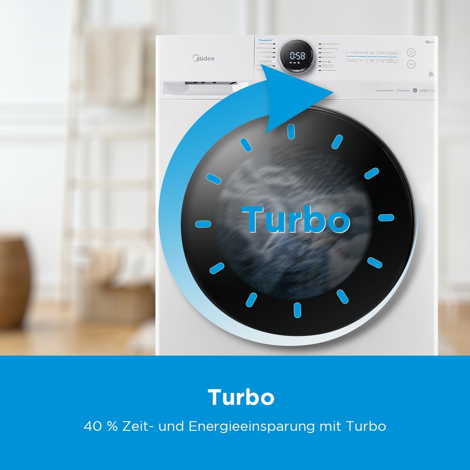 Die Midea 8‑kg‑Waschmaschine bringt Ruhe und Effizienz in deinen Alltag: kraftvoll, leise und smart gesteuert. Dank Slim‑Line‑Design, Turbo Wash und Steam Care wird jede Wäsche gründlich, schonend und schneller sauber.    ab: